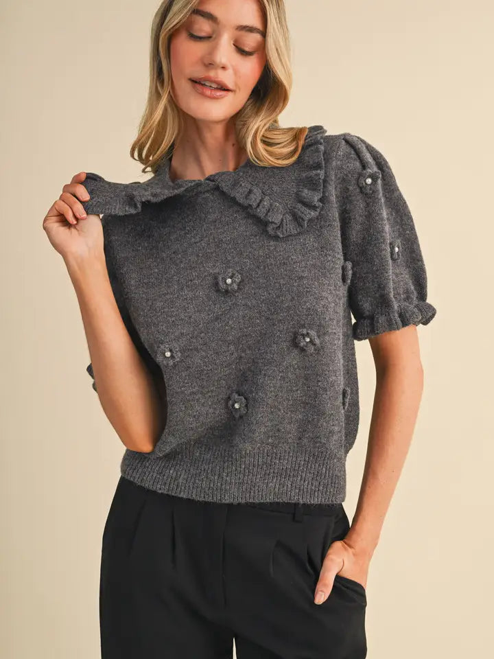 FLORAL AND PEARL RUFFLED SWEATER