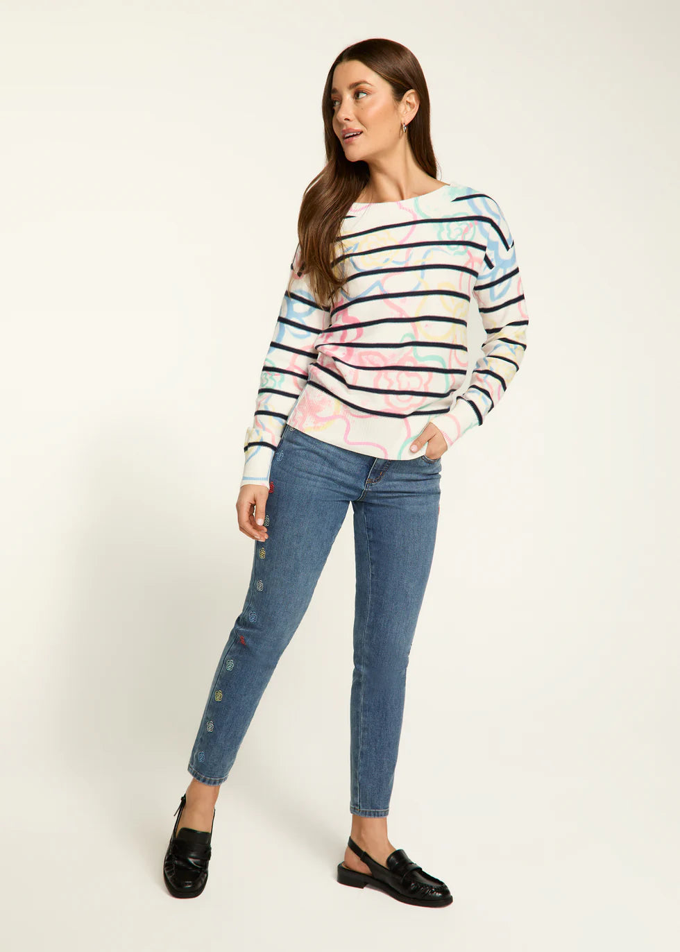 FLOWER STRIPE SWEATER TOP