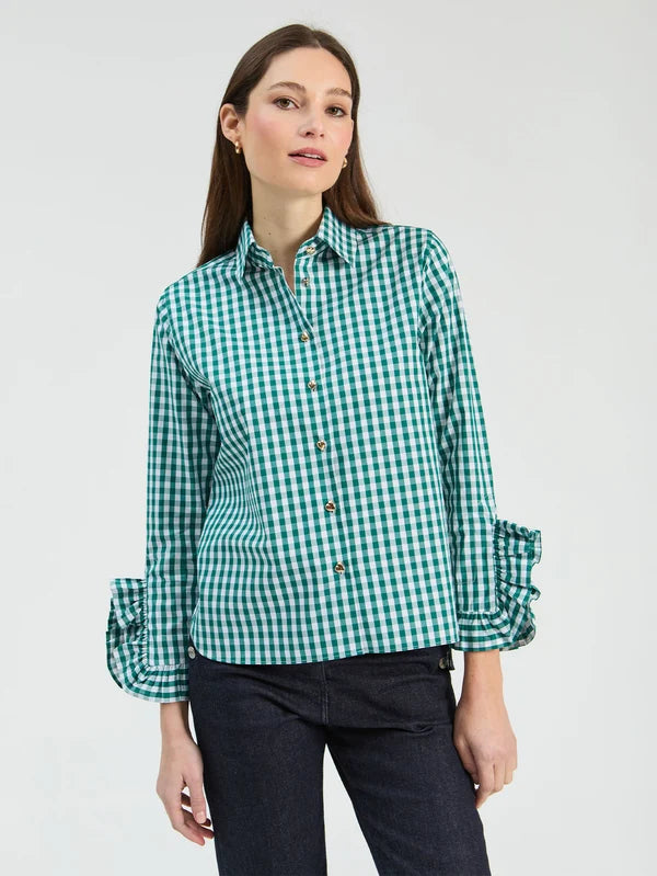 GREEN GINGHAM RUFFLE SHIRT