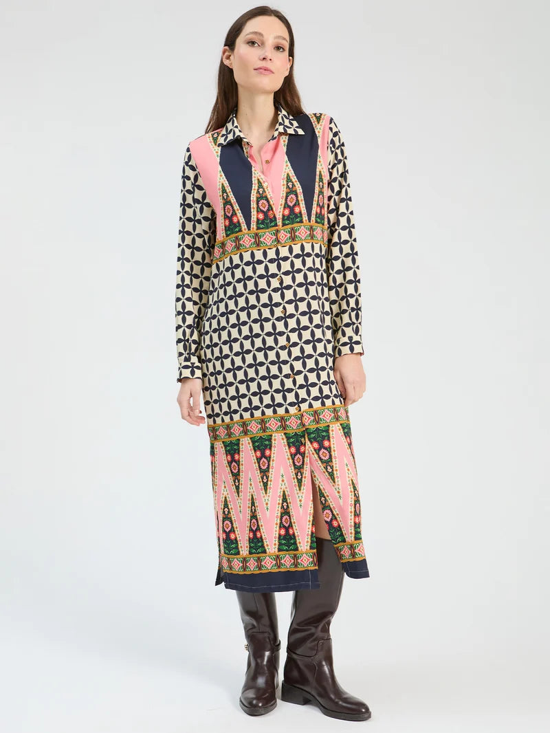 PINK AND BLACK ETHNIC GEO MIDI DRESS