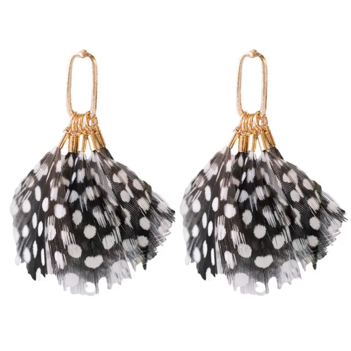 SPOTTED FEATHER TASSEL EARRINGS