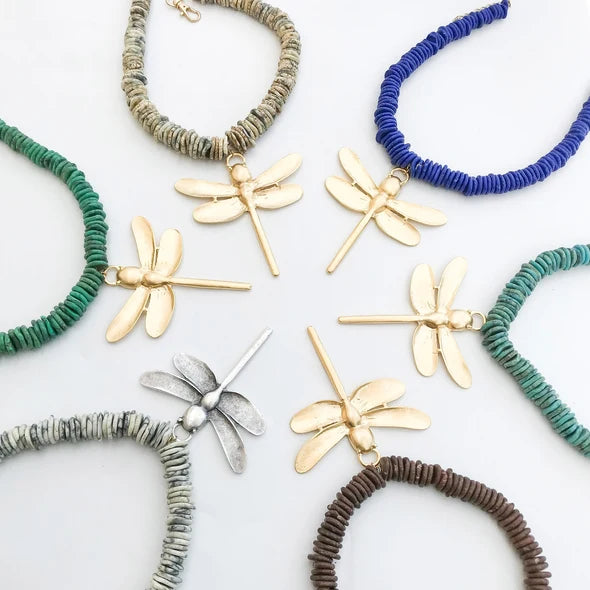 DRAGONFLY ON GEMSTONE HEISHI NECKLACE