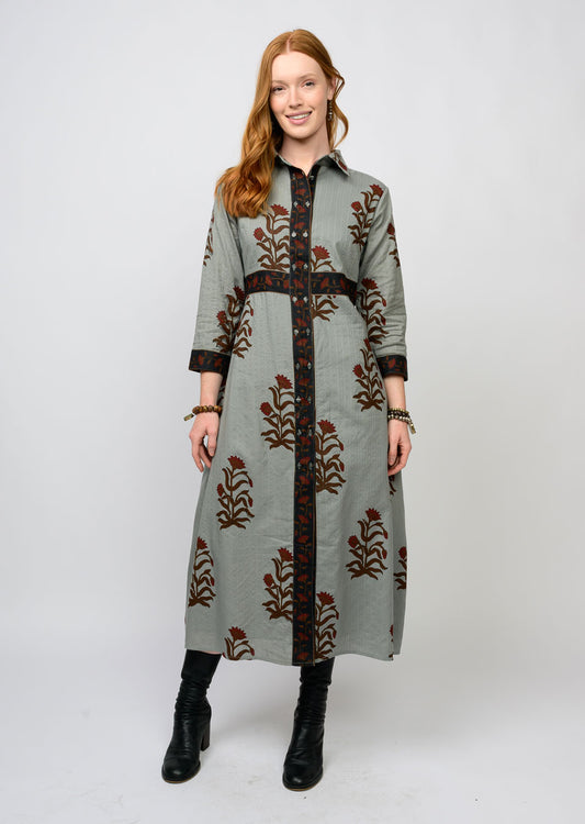 GRAY DOUBLE BUTTON BORDERED DRESS