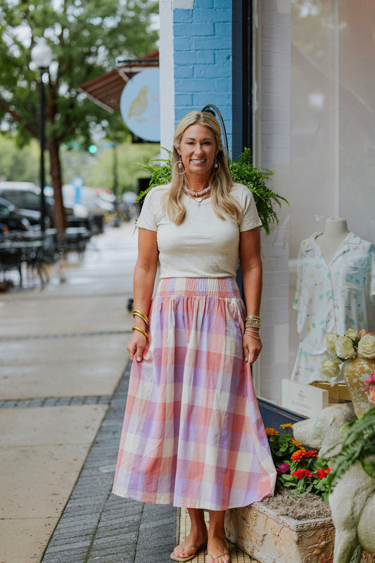 SMOCKED WAIST PLAID MIDI SKIRT