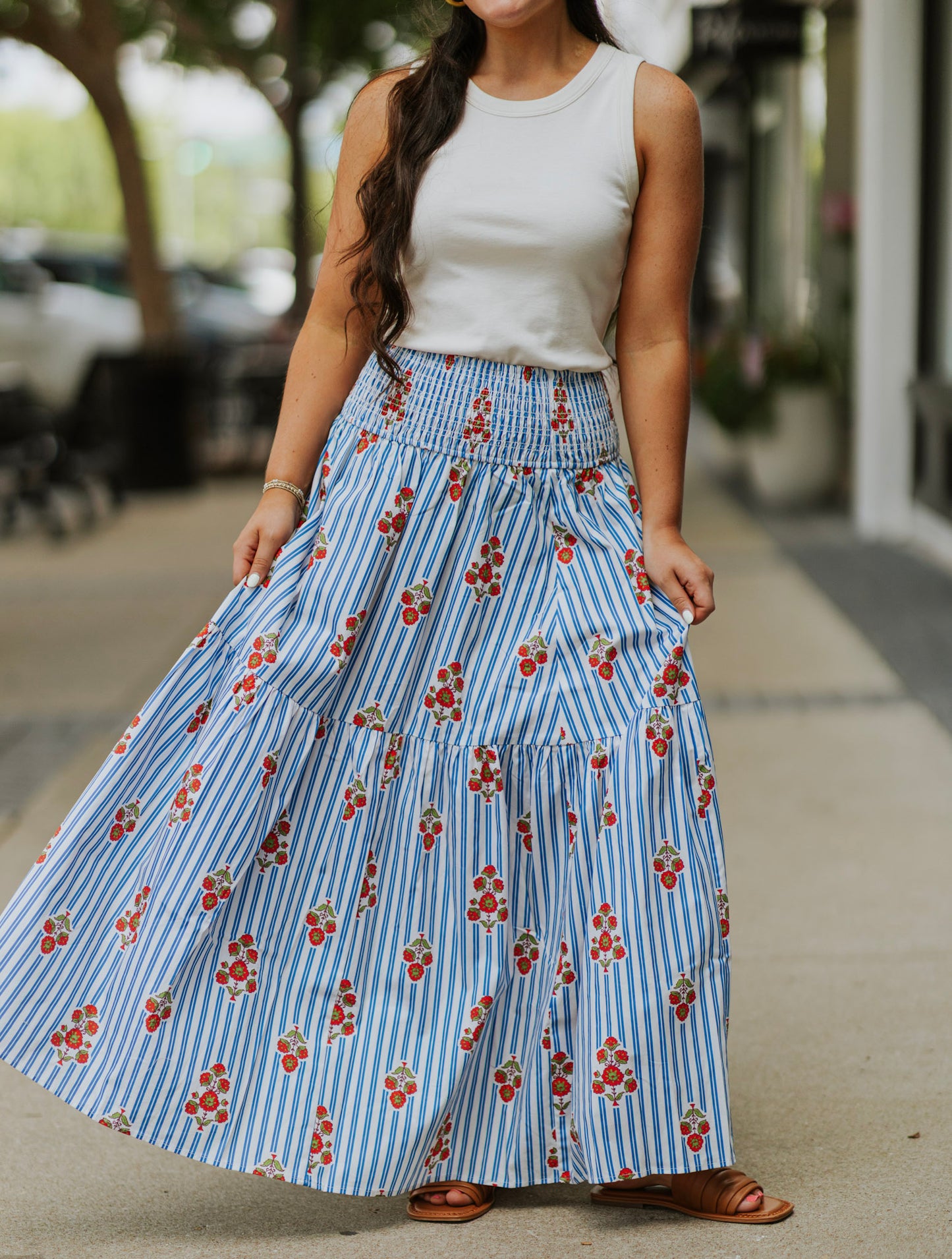 STRIPE FLORAL SMOCK MAXI SKIRT