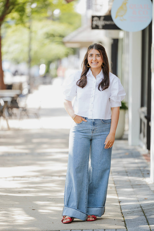 WHITE POPLIN PUFF SLEEVE TOP