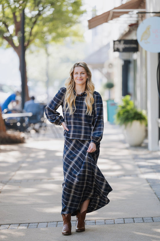 ECLIPSE AUTUMN PLAID HENLEY BLOUSE