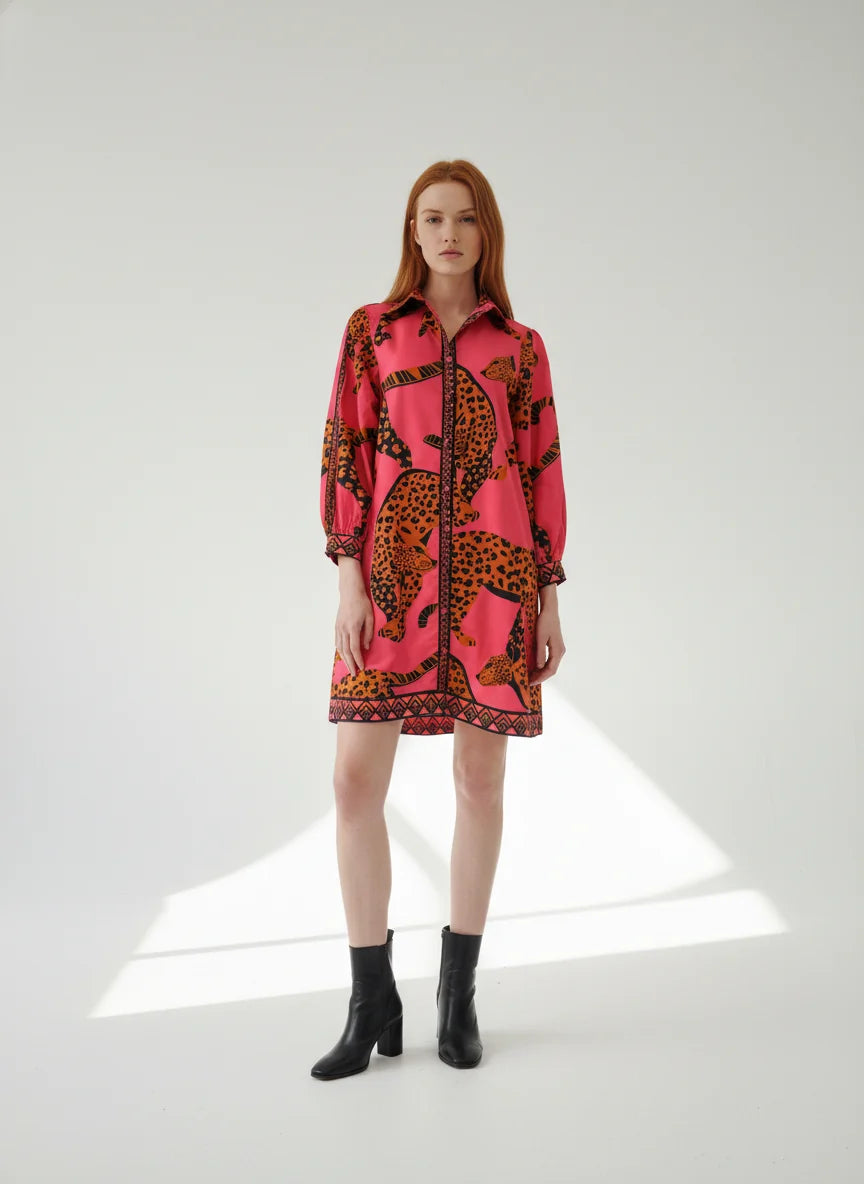 PINK LEAPING LEOPARD AVA DRESS