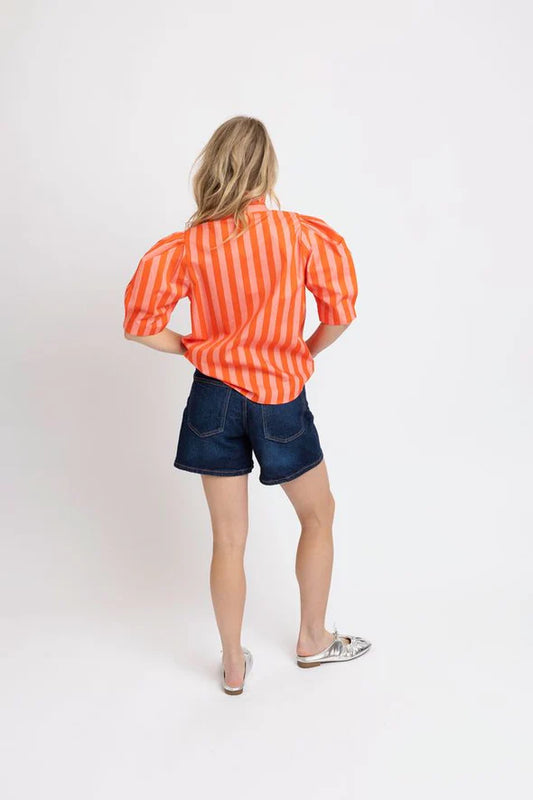 CORAL STRIPE RUFFLE NECK TOP