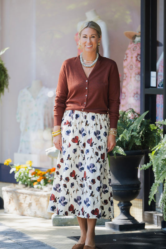LILLA P BLUE POPPY PANELED SKIRT