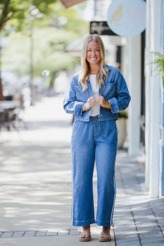 THE SIDELINES DENIM TRACK PANTS