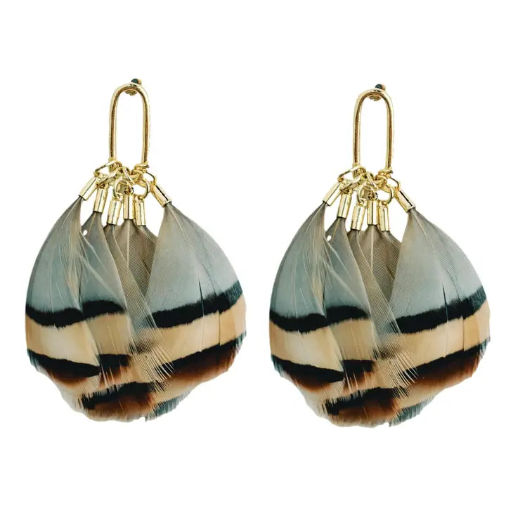 BROWN STRIPED FEATHER TASSEL EARRINGS