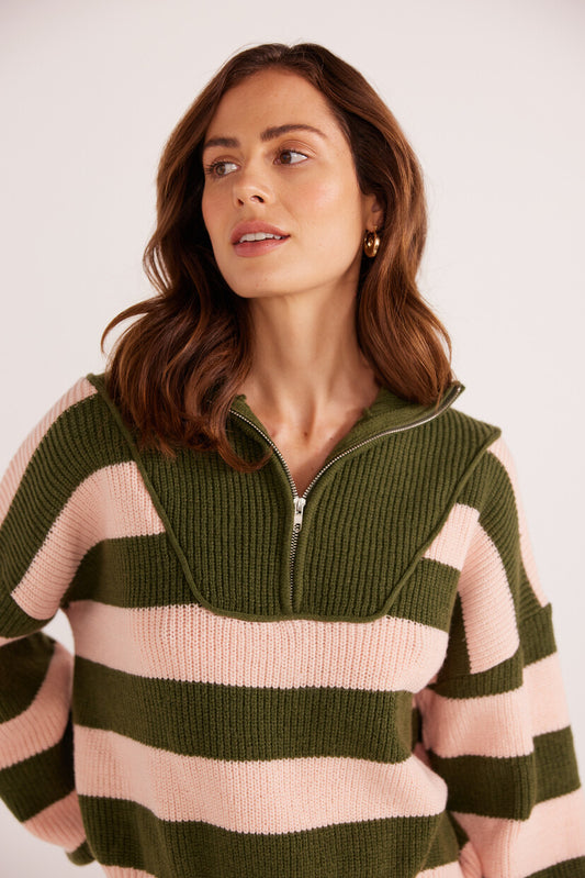 DARCY 1/4 ZIP KNIT JUMPER PINK AND KHAKI