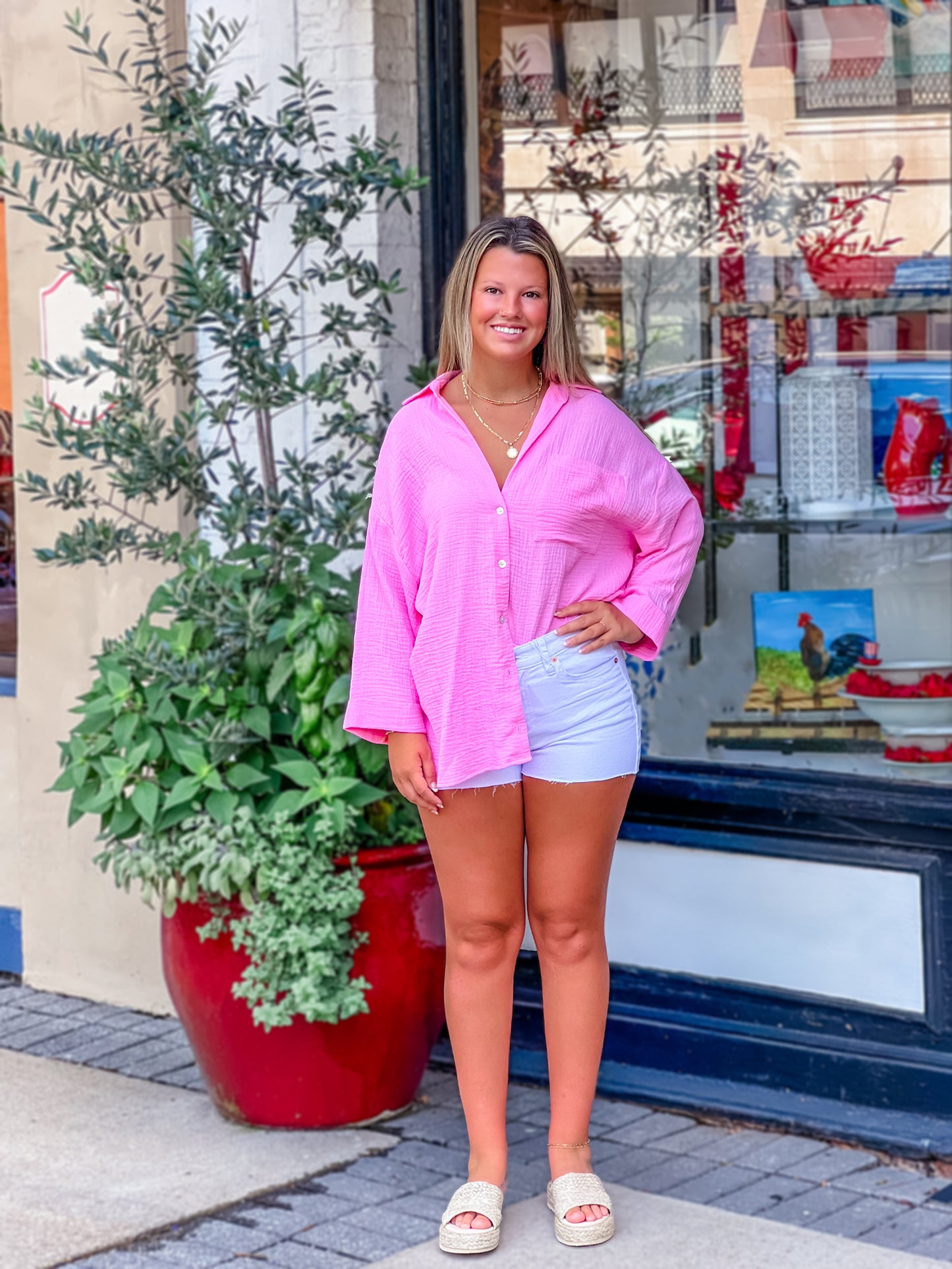 WEEKDAY BUTTON UP BUBBLEGUM GAUZE