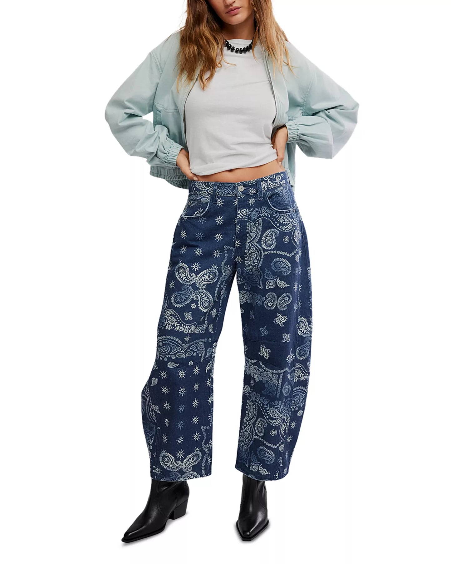 NAVY BANDANA BARREL JEANS BY FREE PEOPLE
