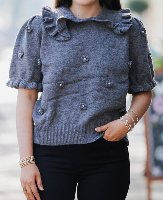 FLORAL AND PEARL RUFFLED SWEATER
