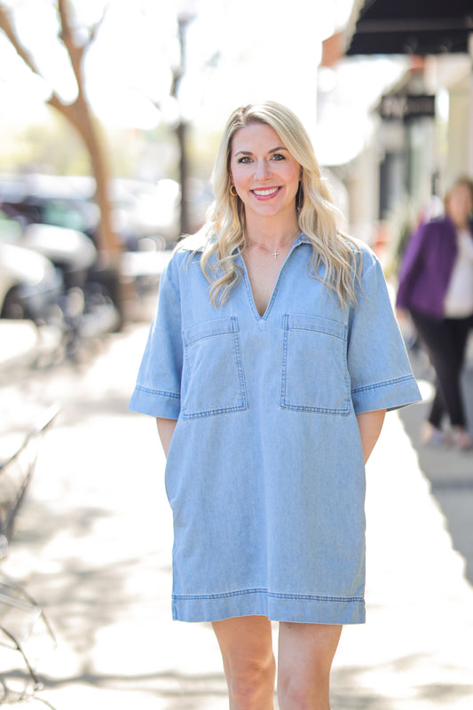 CALLING SHOTS DENIM DRESS