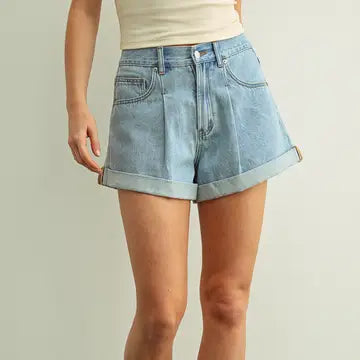 VICK PLEAT CUFFED DENIM SHORTS