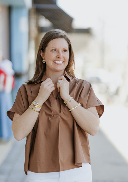 CAFE BROWN POPLIN VNECK TOP