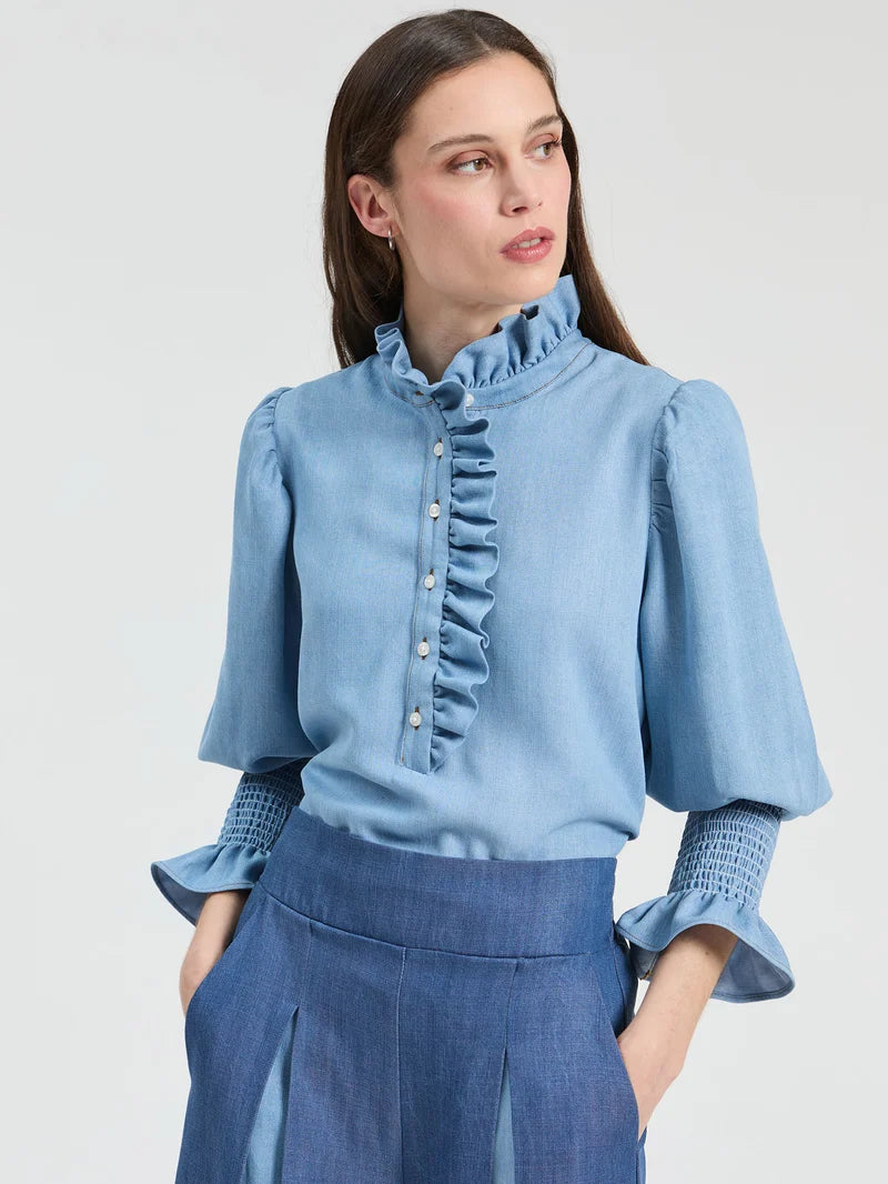 BLUE RUFFLED BLOUSE
