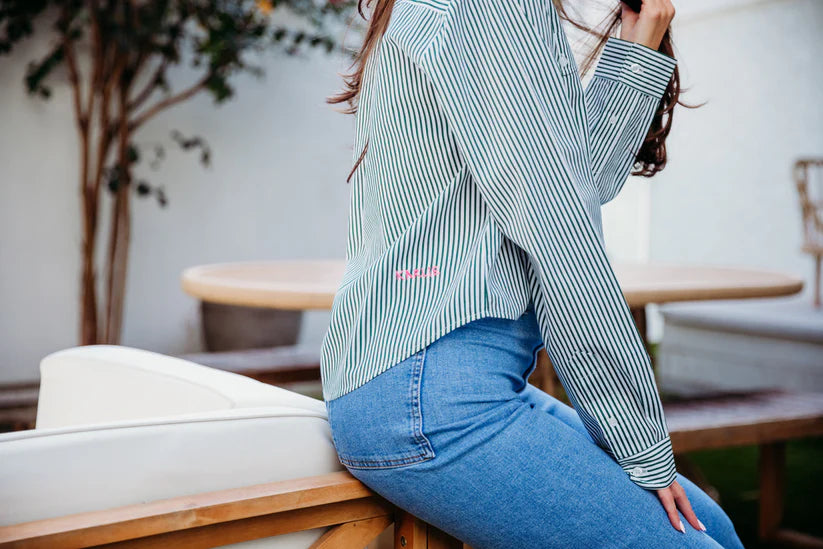 GREEN WHITE STRIPED POPLIN