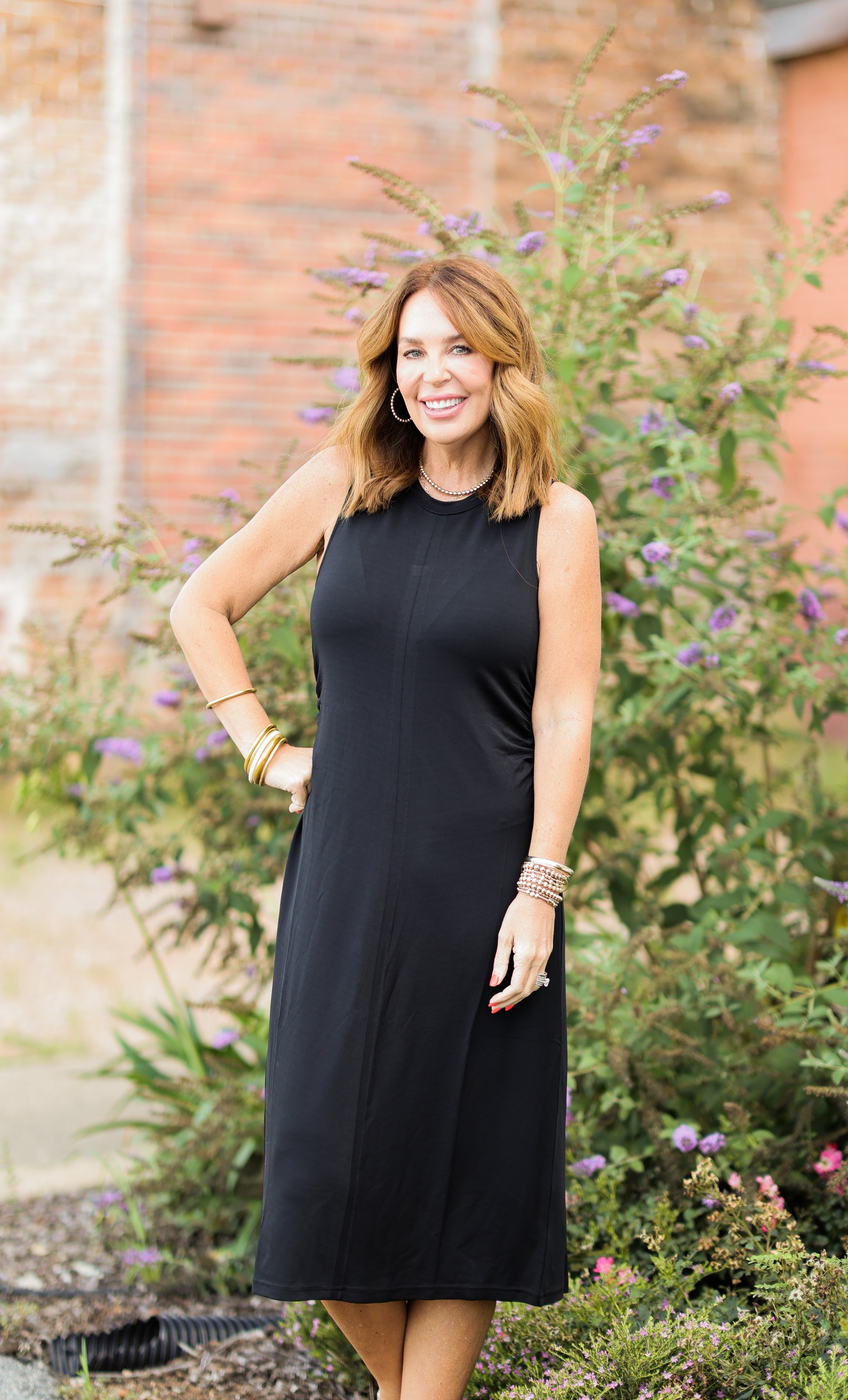 black ruched tank dress MAYES NYC Sarah Cutout Asymmetric Shirred Dress in Black