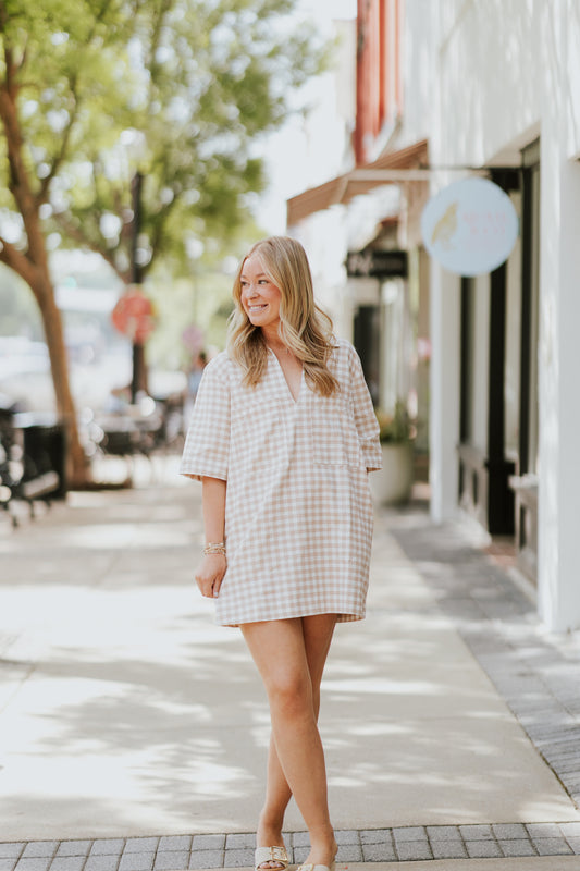 TAN CHECK POPOVER DRESS