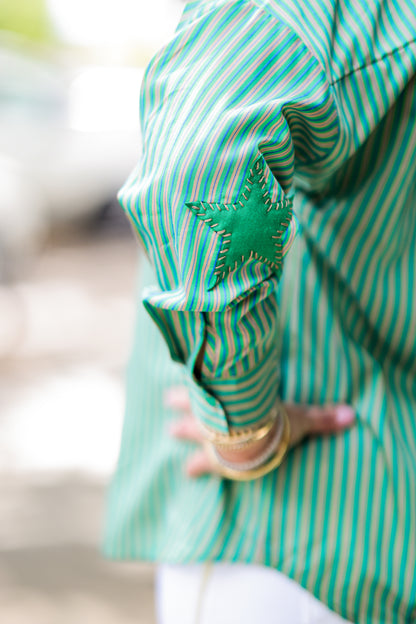 GREEN STRIPE PREPPY STAR ELBOW TOP