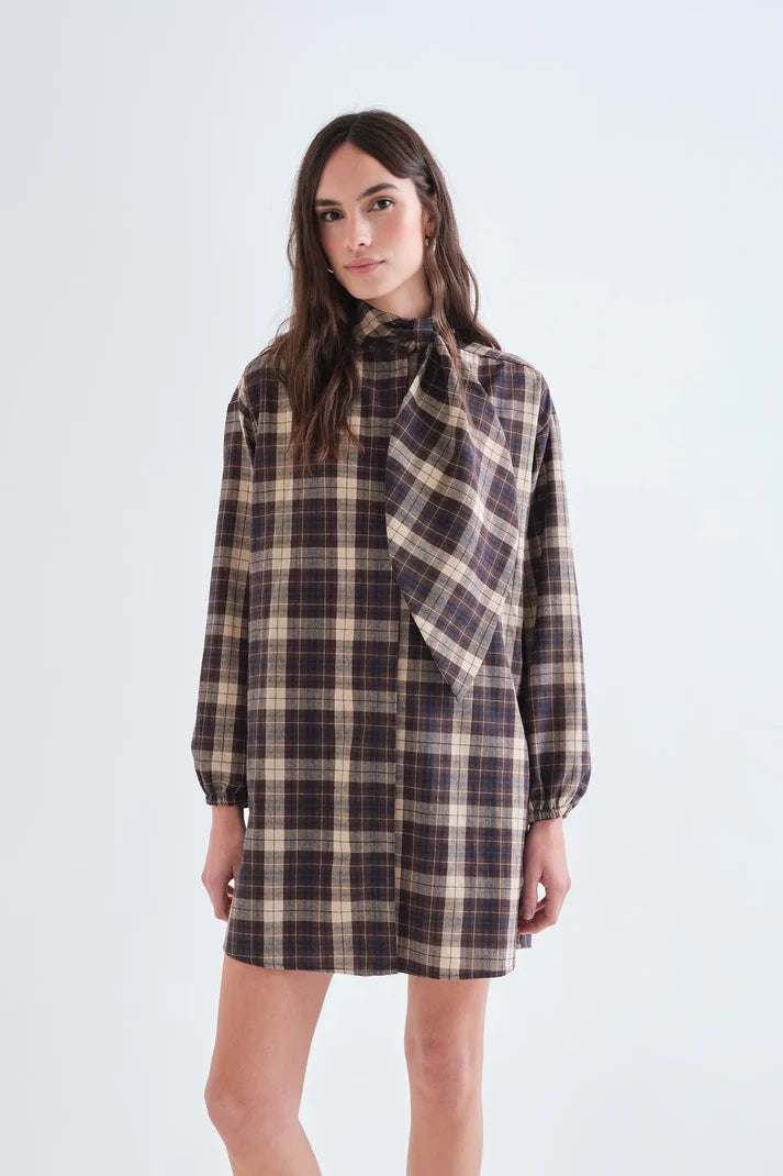 BROWN CHECK PRINT DRESS