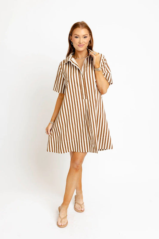 BROWN STRIPE POPLIN SHIRT DRESS