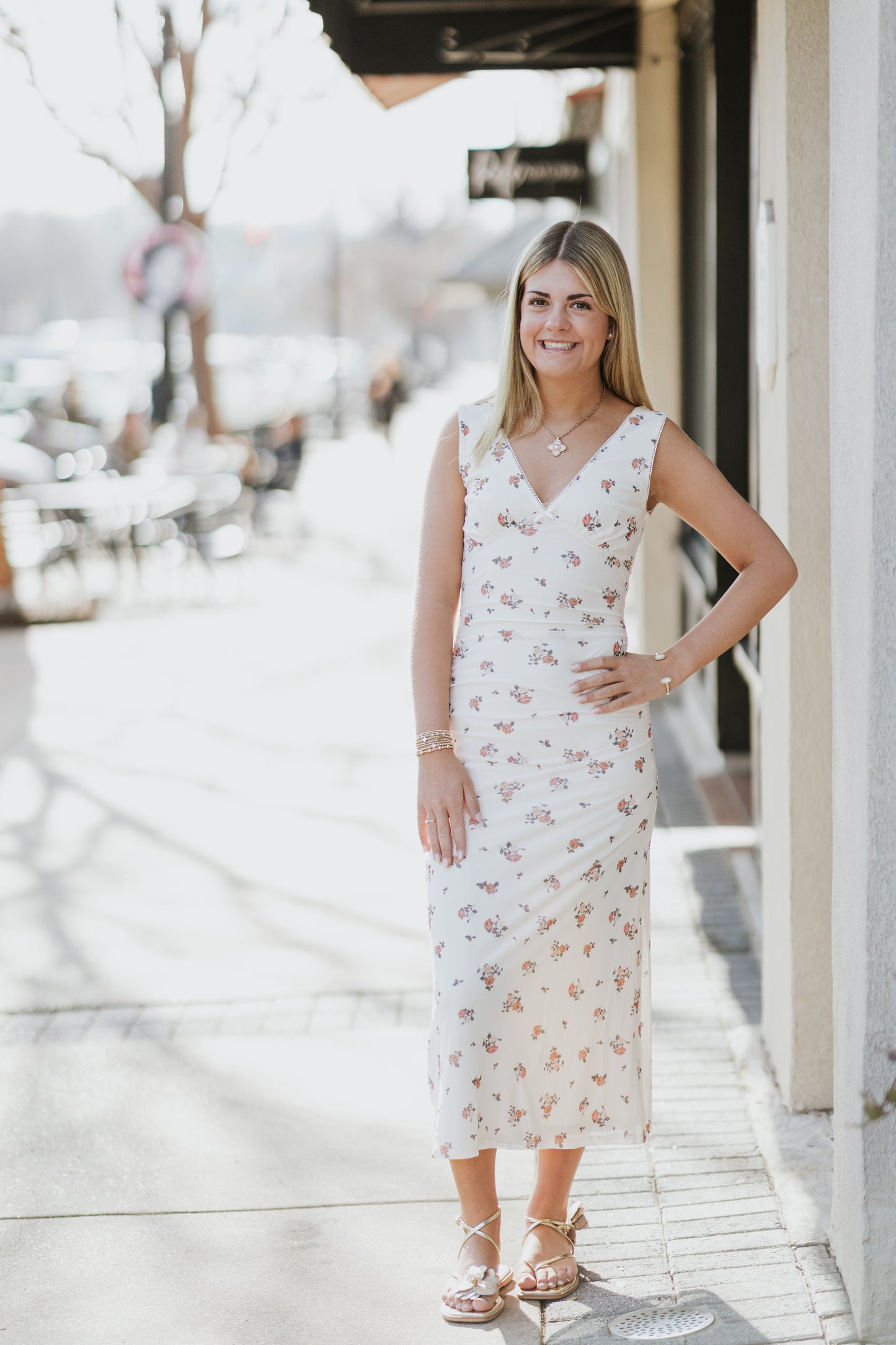SABINE CREAM FLORAL V-NECK DRESS