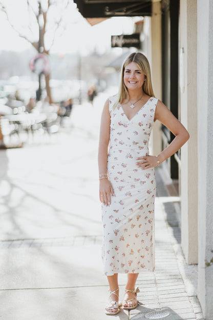 SABINE CREAM FLORAL V-NECK DRESS
