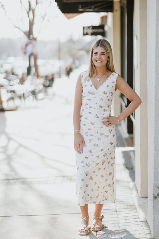 SABINE CREAM FLORAL V-NECK DRESS