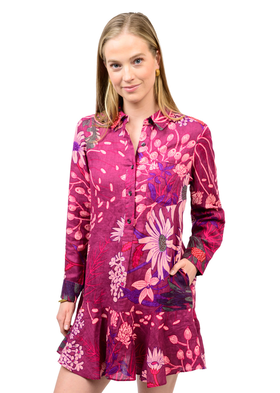 WINE LINEN DRESS FLOUNCE HEM DRESS