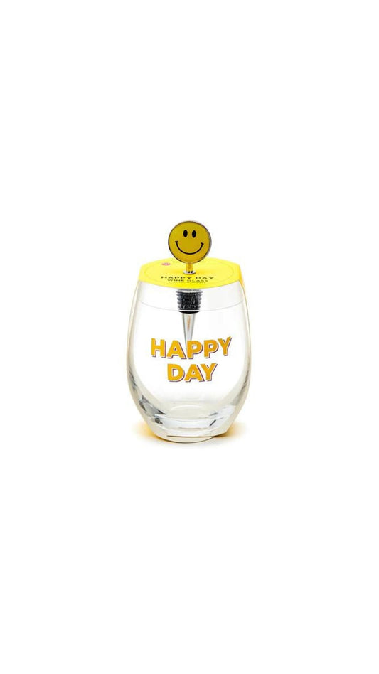 HAPPY DAY WINE GLASS AND STOPPER