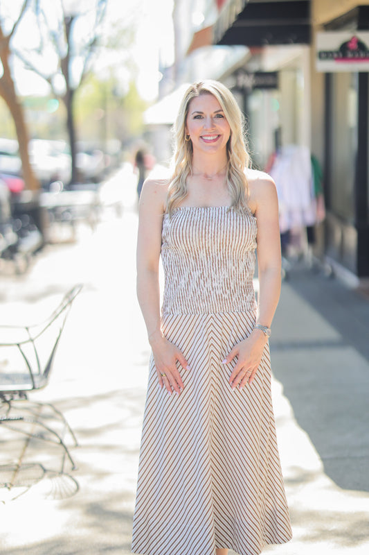 ARTEMIS SHIRRED STRAPLESS DRESS