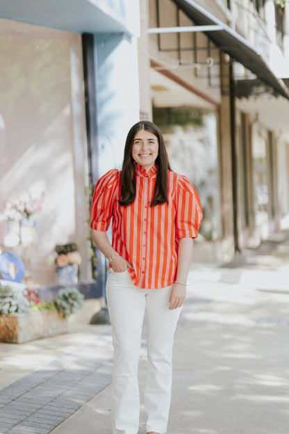 CORAL STRIPE RUFFLE NECK TOP