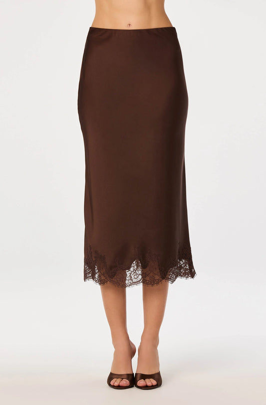 BLOSSOM SATIN LACE TRIM MIDI SKIRT