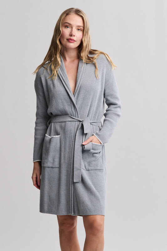 CONTRAST RIBBED ROBE SCALLOP POCKETS