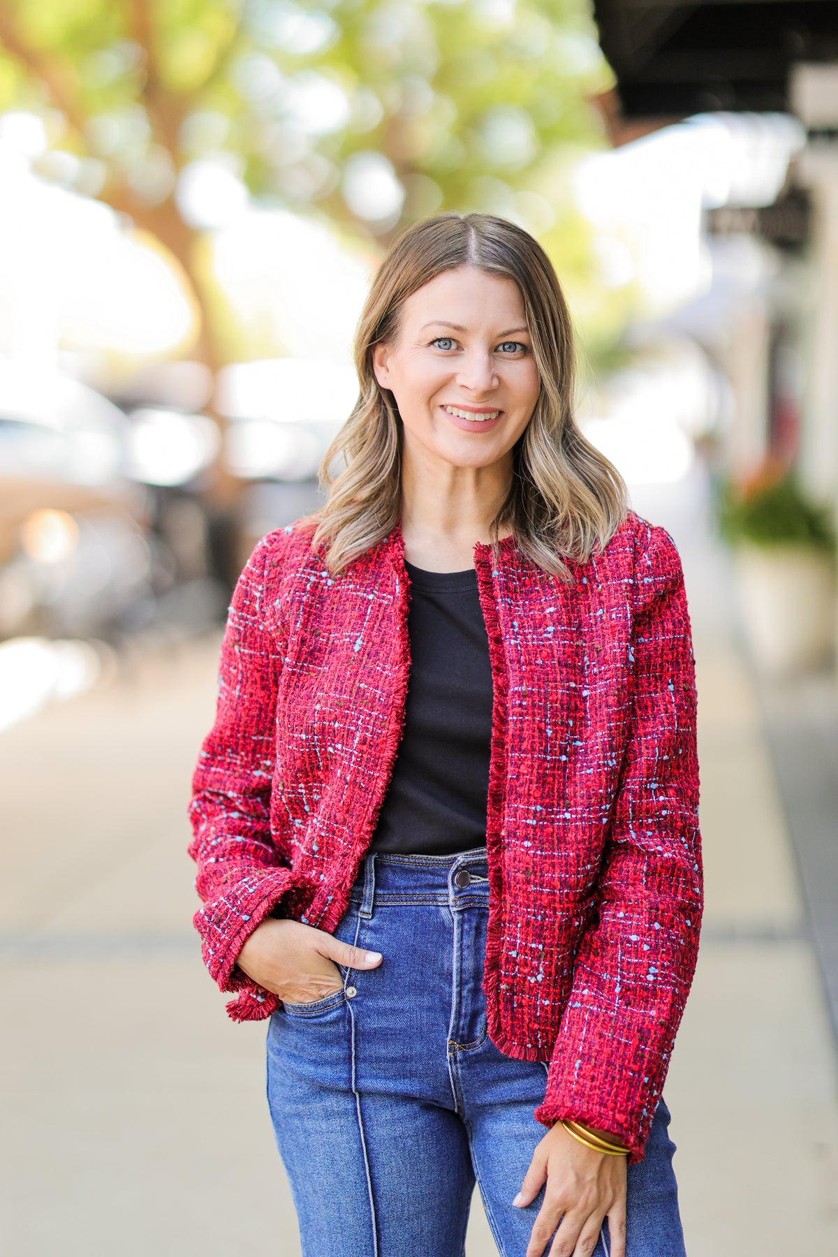 Chicos Blazer Jacket 0 Red Black Textured Bouclé Tweed Clueless 