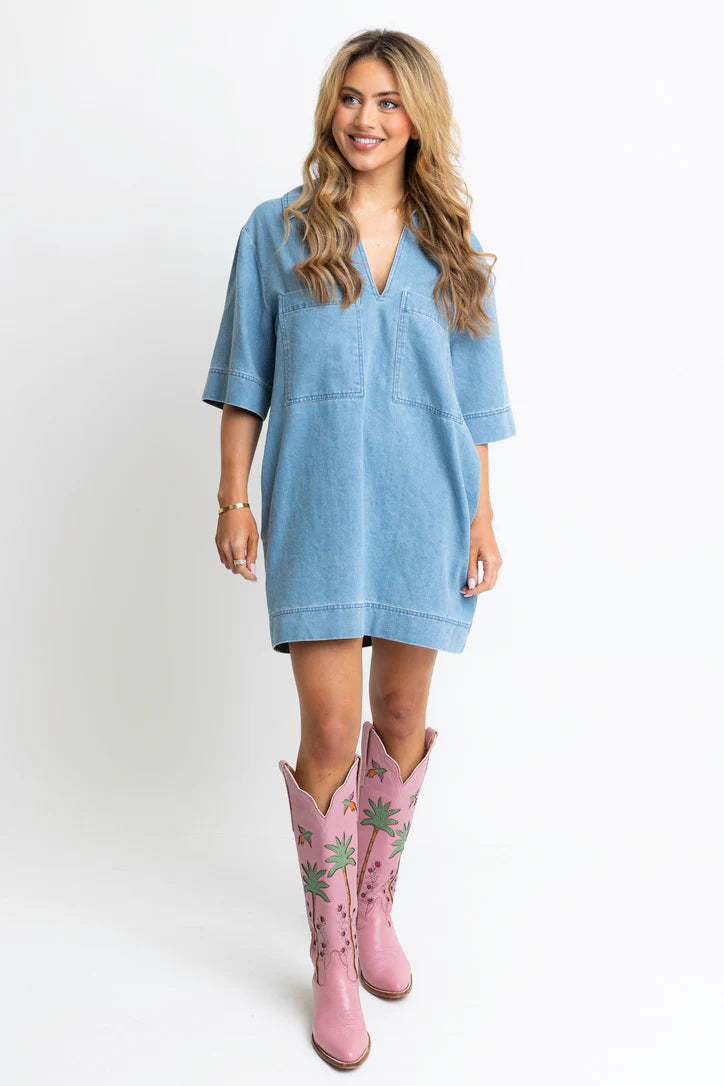CALLING SHOTS DENIM DRESS