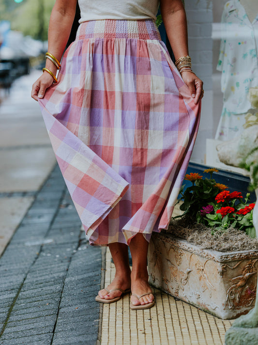 SMOCKED WAIST PLAID MIDI SKIRT