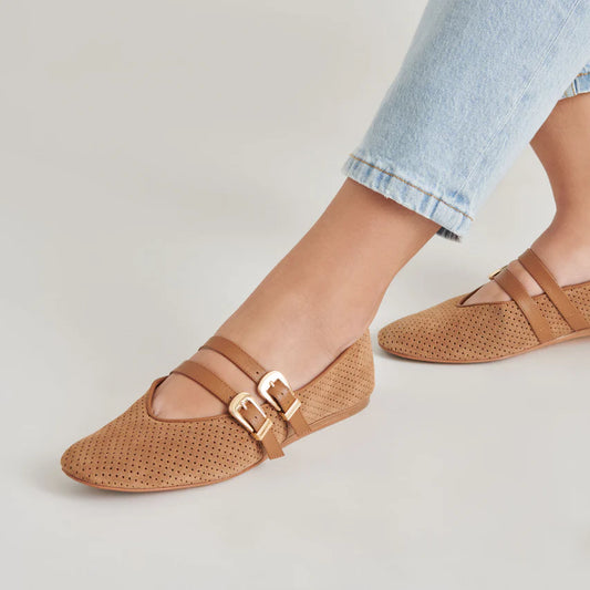 BAYLEE PECAN PERFORATED SUEDE FLATS