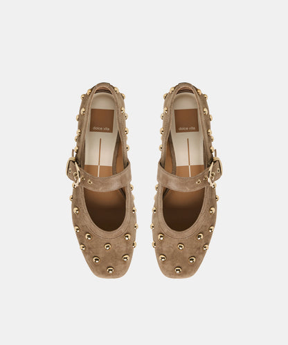 MIKEL STUD OLIVE SUEDE FLATS