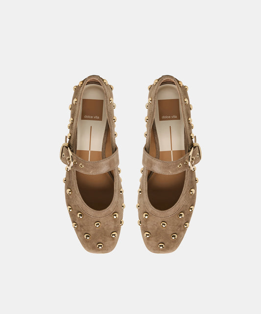 MIKEL STUD OLIVE SUEDE FLATS