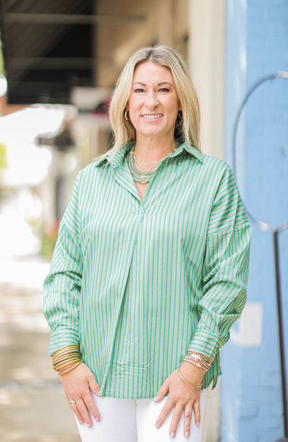GREEN STRIPE PREPPY STAR ELBOW TOP