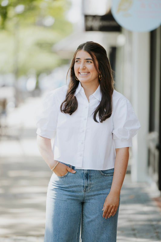WHITE POPLIN PUFF SLEEVE TOP