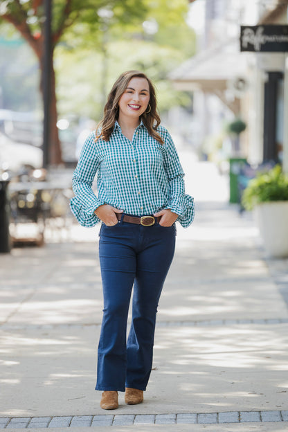 GREEN GINGHAM RUFFLE SHIRT