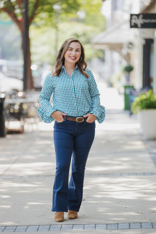 GREEN GINGHAM RUFFLE SHIRT