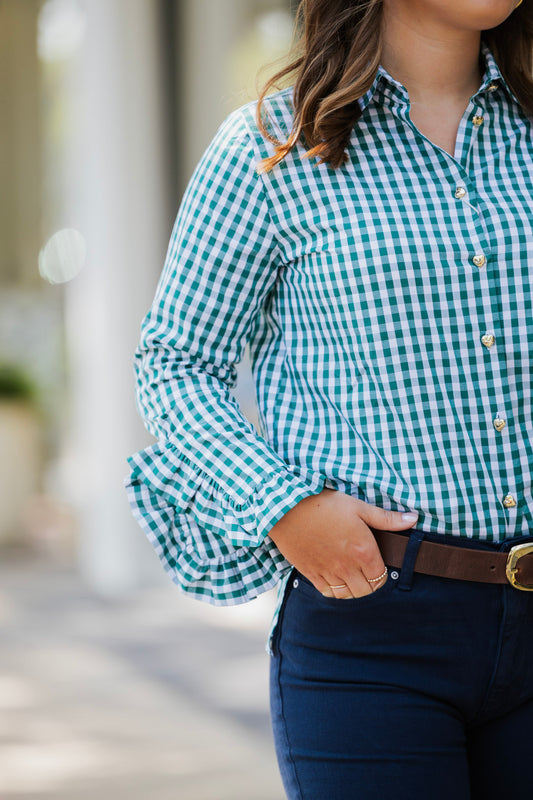 GREEN GINGHAM RUFFLE SHIRT